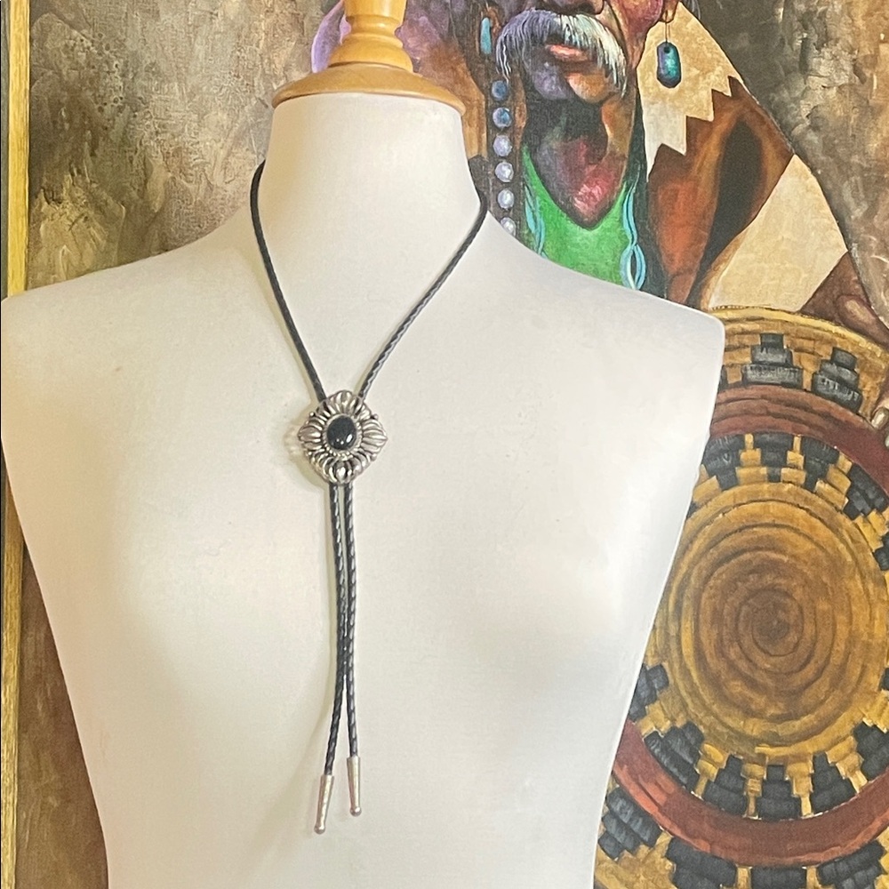 Southwest Style Bolo Tie Black Braided Rope Silver Tone Slide with Black Accent